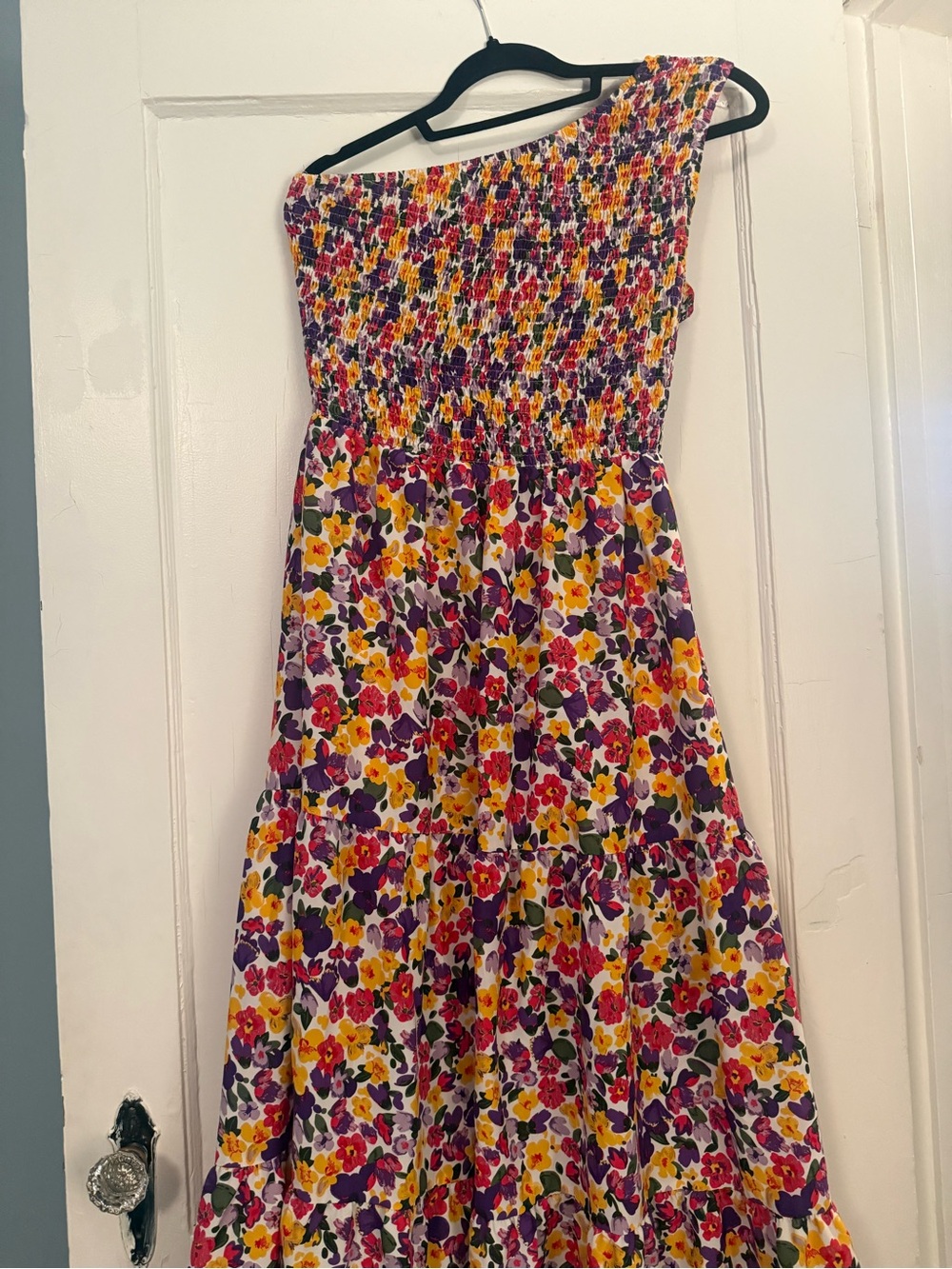 One-Shoulder Floral Maxi Dress in Purple, Yellow & Pink